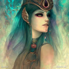 Fantasy illustration of woman with turquoise hair, gold crown, purple flowers, and golden sparkles.