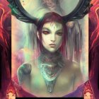 Fantasy image of woman with horns and cybernetic enhancements in vibrant, mystical setting