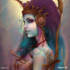 Multicolored hair fantasy portrait with gold jewelry and feathered headdress