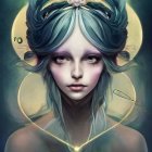 Fantasy Portrait of Woman with Celestial Headgear and Blue Eyes