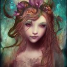 Fantasy illustration of woman with wavy hair and floral crown in mystical setting