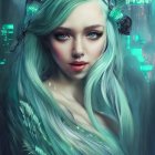 Ethereal digital artwork: Female character with turquoise hair and futuristic headdress