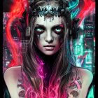 Fantasy female character digital artwork with ornate headgear and vibrant hair