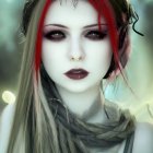 Detailed digital portrait of female with red hair, blue eyes, gold jewelry, and headpiece against soft