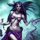 Fantasy artwork: Woman with dark hair, purple jewelry, holding scepter in mystical fog.