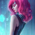 Digital Artwork: Woman with Pink Hair in Futuristic Attire Against Neon Cyber Cityscape