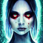 Female character digital artwork: vibrant red eyes, black lipstick, neon blue accents, supernatural aura.