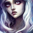 Digital artwork: Pale-skinned woman with long white hair and captivating eyes, featuring subtle purple hues and