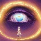 Surreal cosmic scene: giant eye in nebula, woman with staff