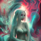 Fantasy illustration of woman with blue hair and dragon with glowing eyes