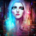 Digital Artwork: Woman with Blue Eyes & Cosmic Headdress in Neon Cityscape