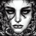 Woman's face in monochrome with detailed eyes and roses.