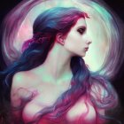 Colorful flowing hair woman portrait in cosmic background.