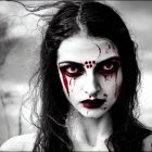 Woman with Gothic Horror Makeup: Pale Skin, Dark Lips, Black & White Hair, Dramatic Red