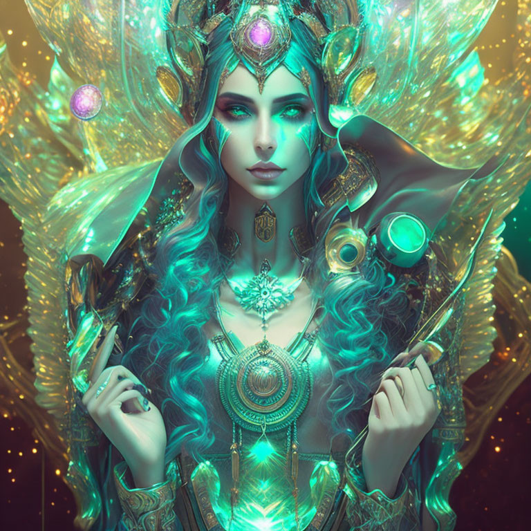 Ethereal female figure with turquoise hair and golden armor