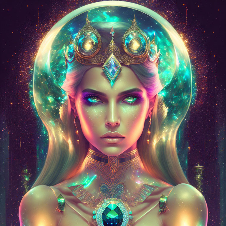 Digital art portrait of woman with space-themed skin, glowing eyes, and ornate crown.