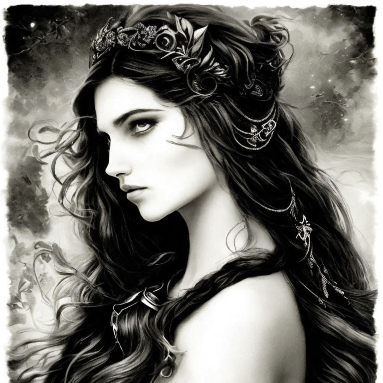 Monochrome artwork of a mystical woman with intricate headpiece