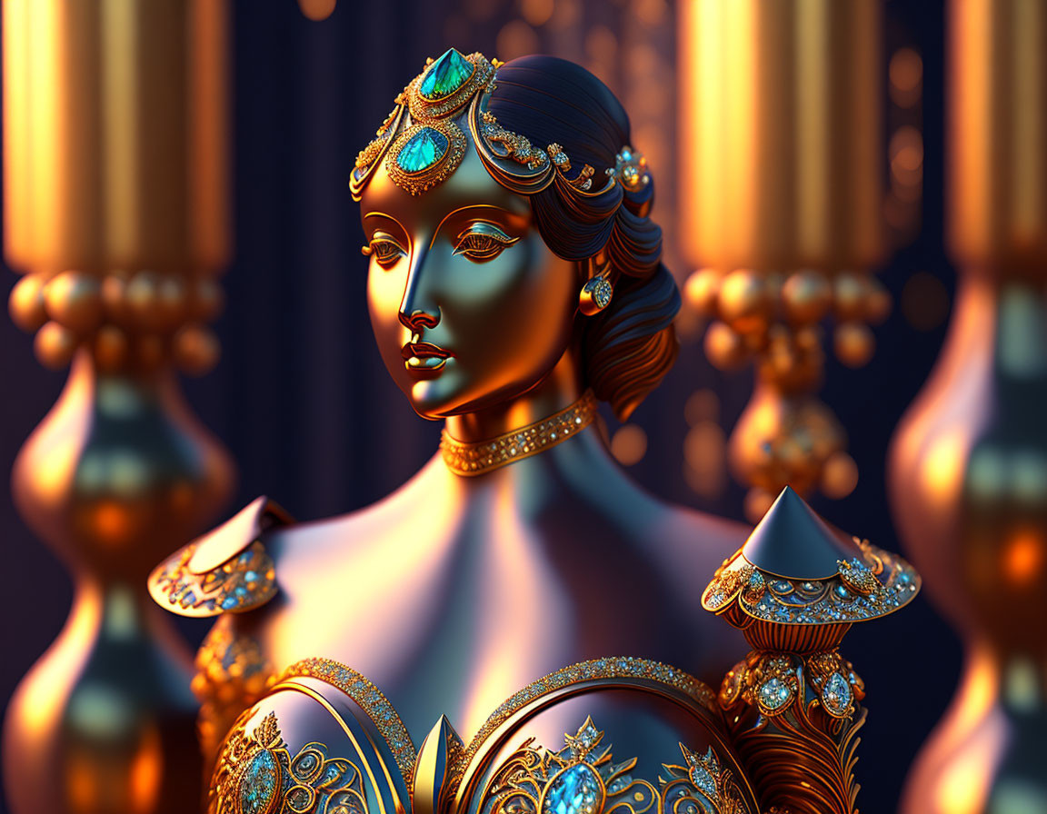 3D-rendered ornate female figure with golden jewelry and turquoise embellishments against classical columns