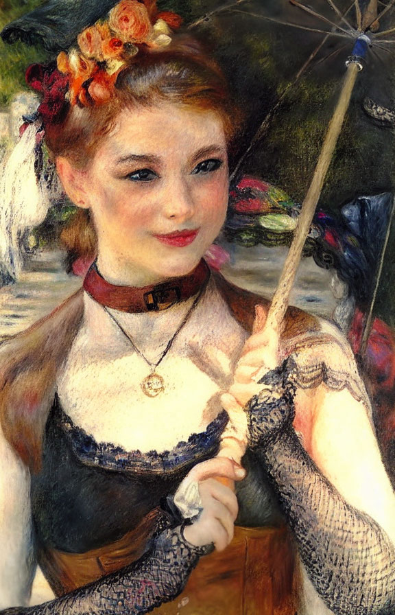 Young Woman with Flowers in Hair Holding Parasol, Detailed Brushwork & Vibrant Colors