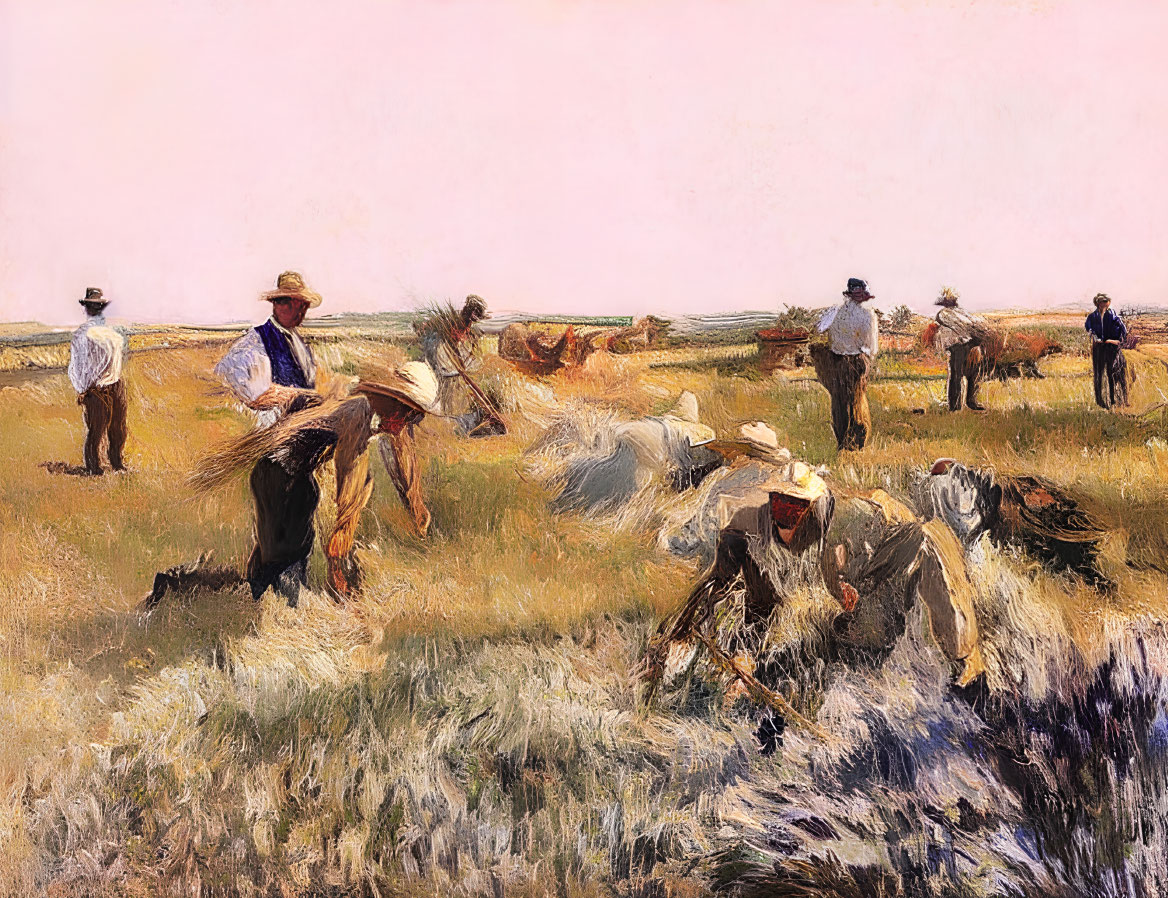 Rural scene: Farmers harvesting wheat with scythes in sunlit field