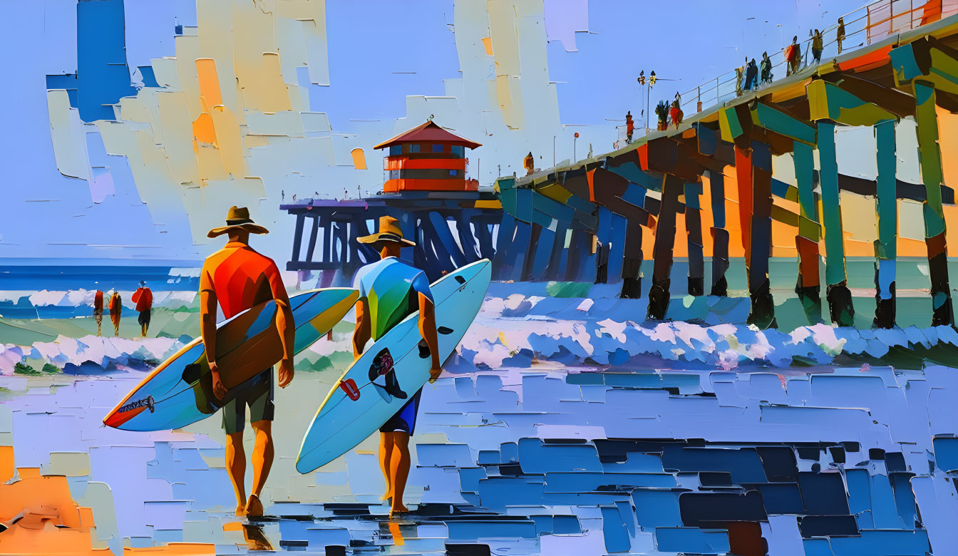 Surfers off San Diego Pier