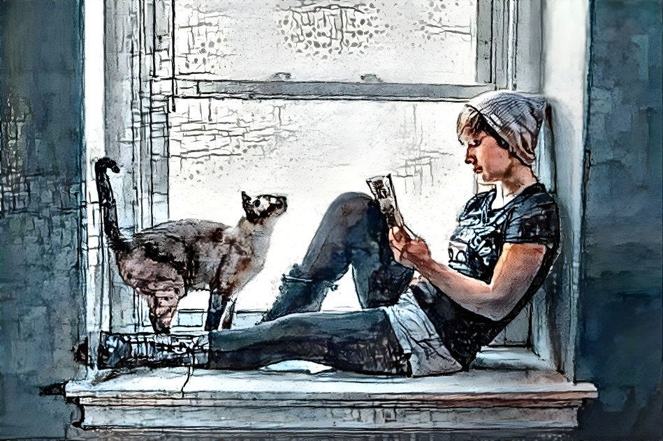 Cat and girl in window