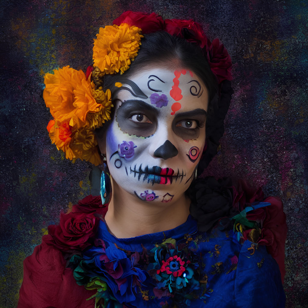 Skull Makeup and Floral Headpiece for Day of the Dead Costume