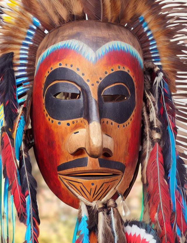 Detailed Wooden Mask with Native American Design and Colorful Feathers