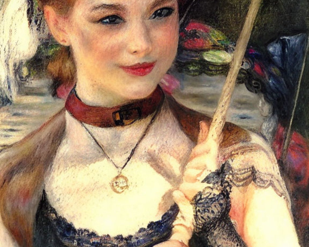 Young Woman with Flowers in Hair Holding Parasol, Detailed Brushwork & Vibrant Colors