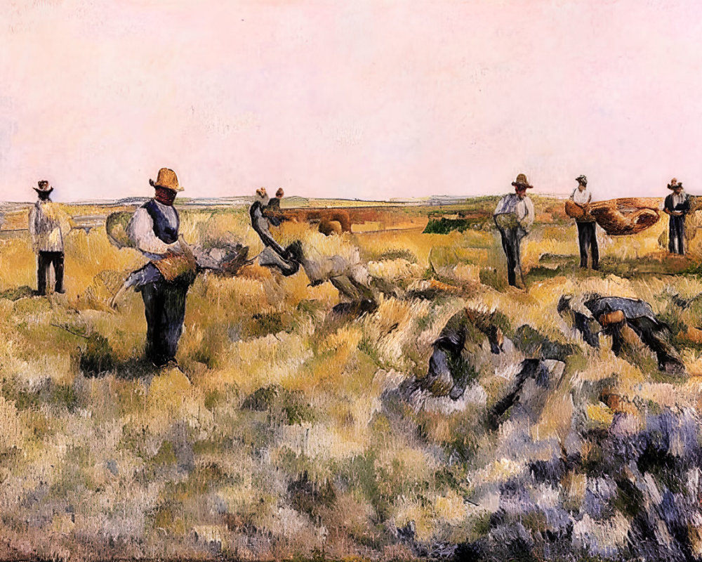 Farmers Harvesting Wheat in Field under Wide Sky