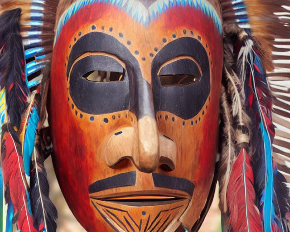 Detailed Wooden Mask with Native American Design and Colorful Feathers