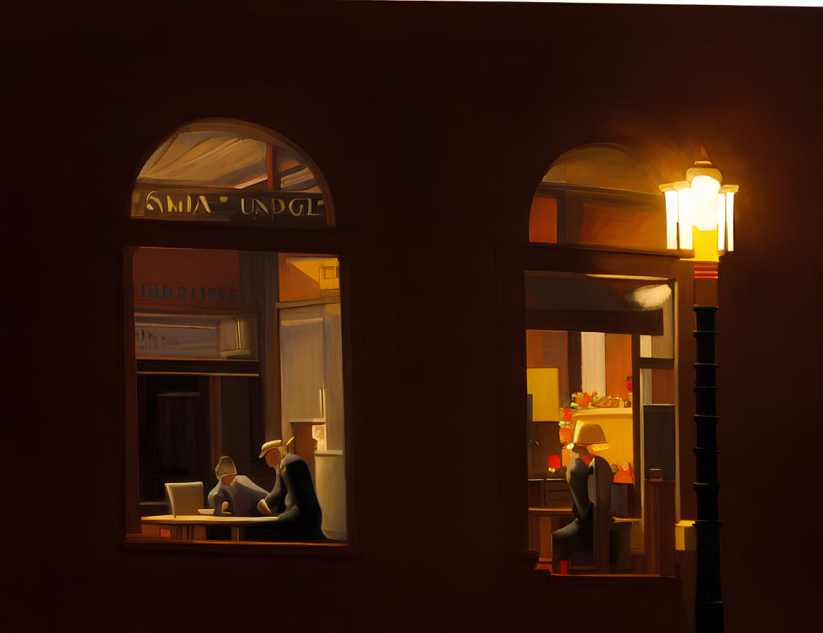 Cozy Café Scene with Warm Ambiance and Arched Windows