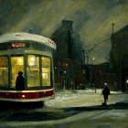 Snowy Evening Painting: Red Tram at Station, Silhouettes, City Lights