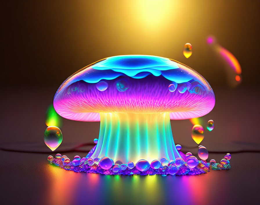 Iridescent jellyfish digital art with bubbles on dark backdrop