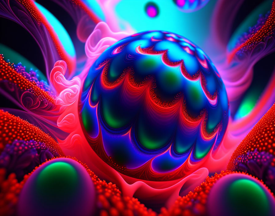 Colorful digital artwork: Glossy sphere with neon fractal patterns.