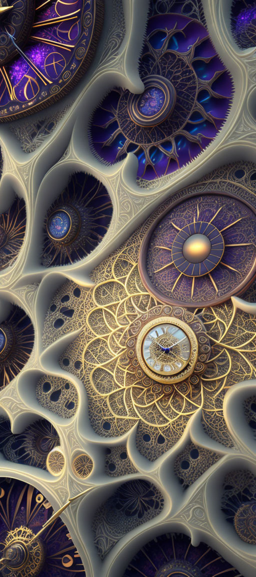 Detailed fractal art with gold, blue, and purple gears and glowing center