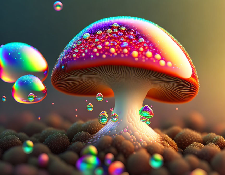 Colorful digital illustration of glowing red mushroom and iridescent bubbles on brown background