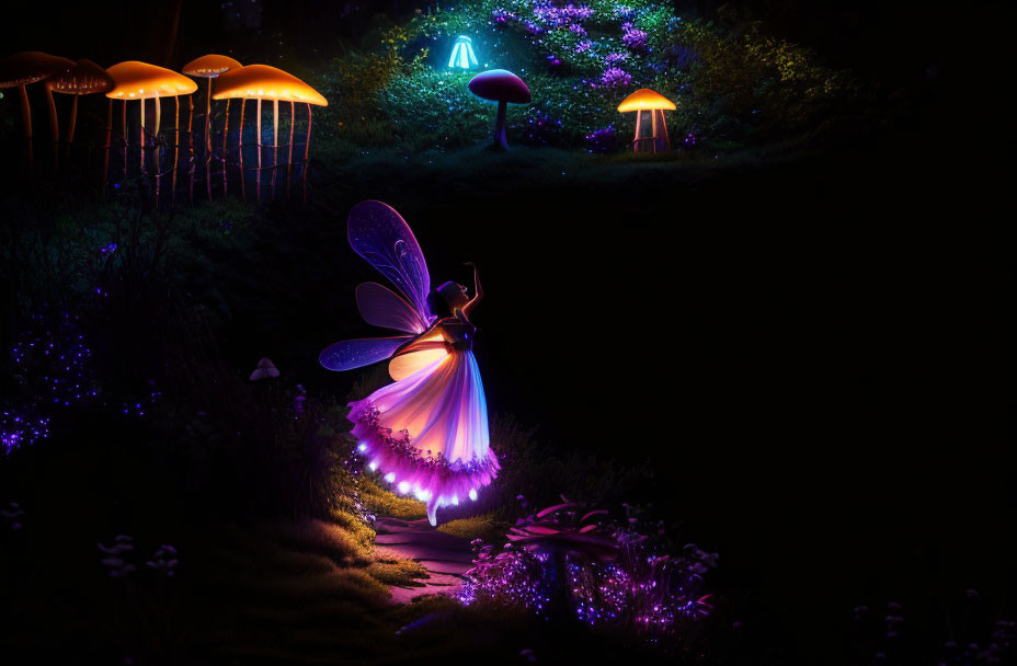 Enchanted garden with glowing fairy, oversized mushrooms, and vibrant flowers