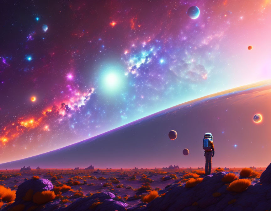 Astronaut on alien planet with vibrant flora and colorful cosmos