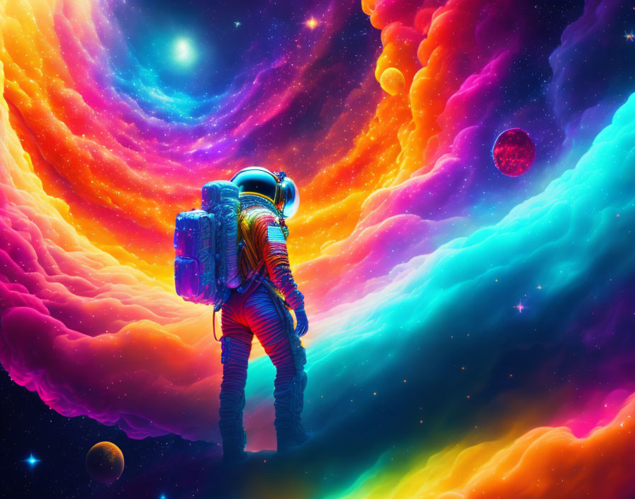 Astronaut in vibrant nebula with stars and planets