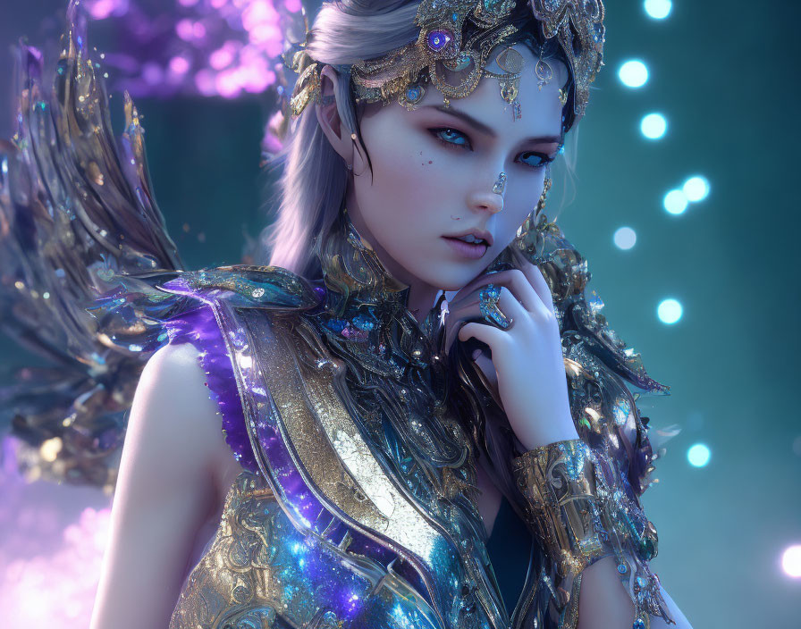 Fantasy character in golden armor with wings and jewelry on blue background
