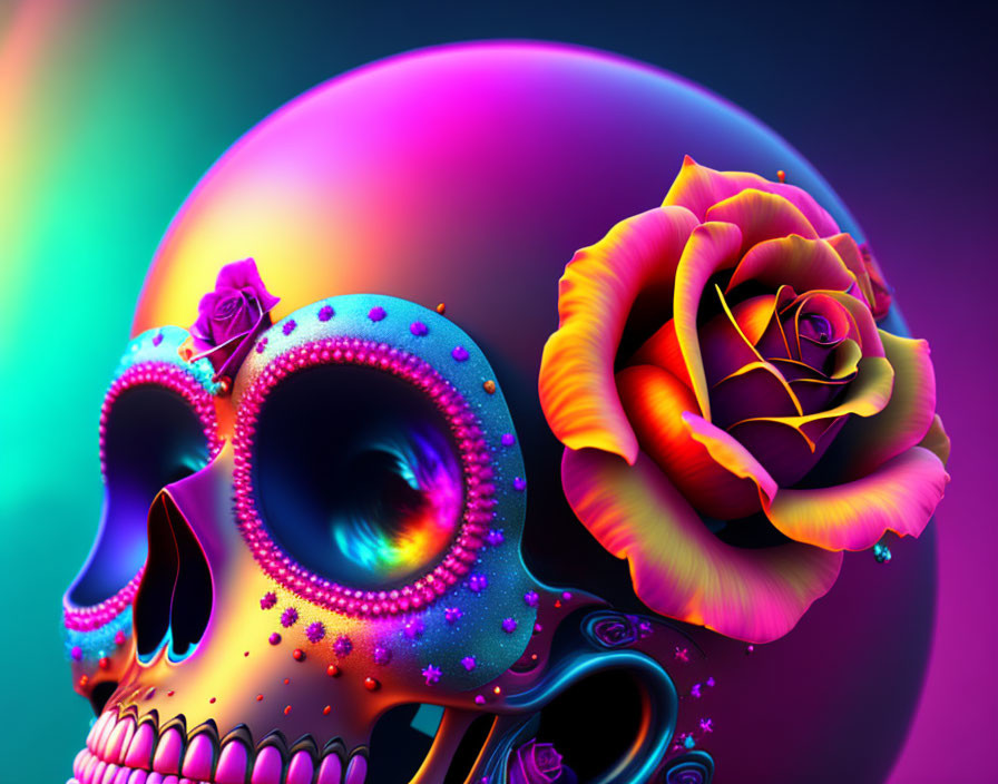 Vibrant skull with neon hues and rose on gradient background