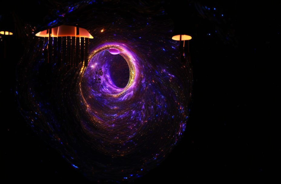 Swirling Purple and Blue Lights with Golden Ring in Dark Space
