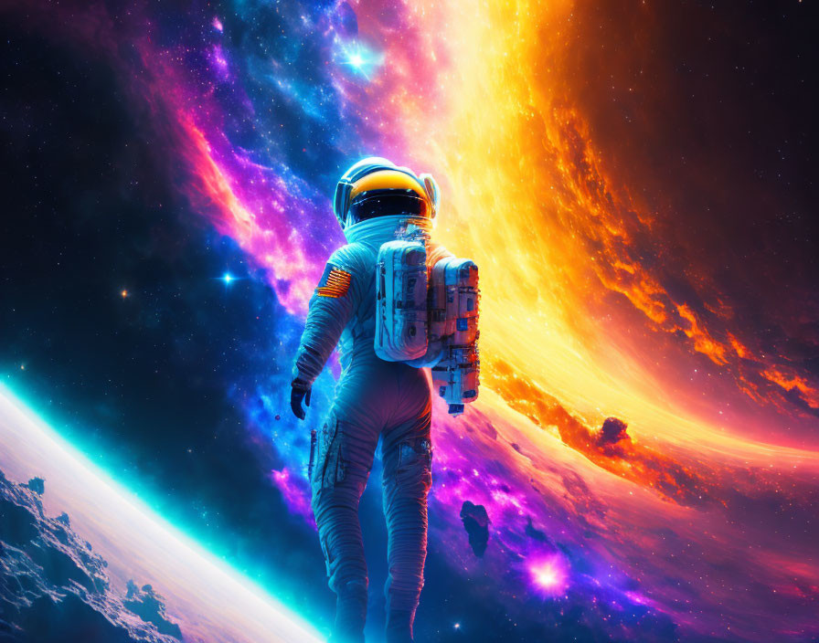 Astronaut on Edge with Vibrant Cosmic Background