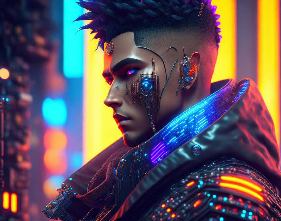 Futuristic cyberpunk portrait with electronic eye and neon attire