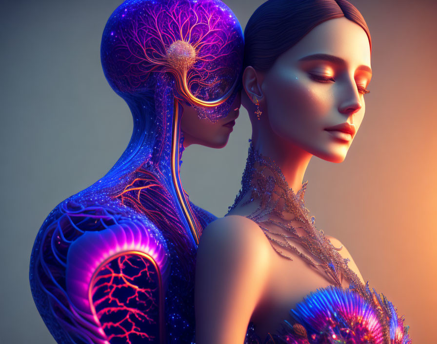 Surreal colorful portrait of stylized figures with radiant vein networks