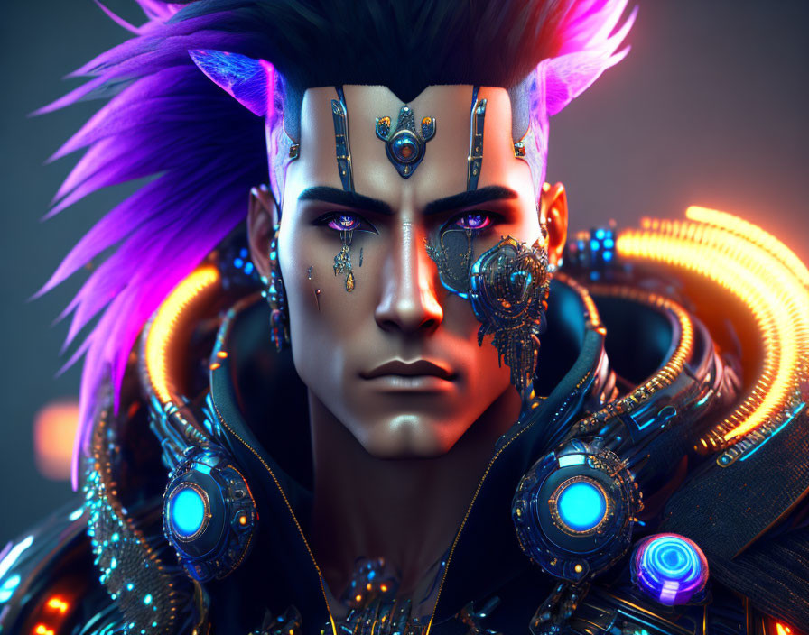 Futuristic male figure with purple hair and cybernetic eye enhancements