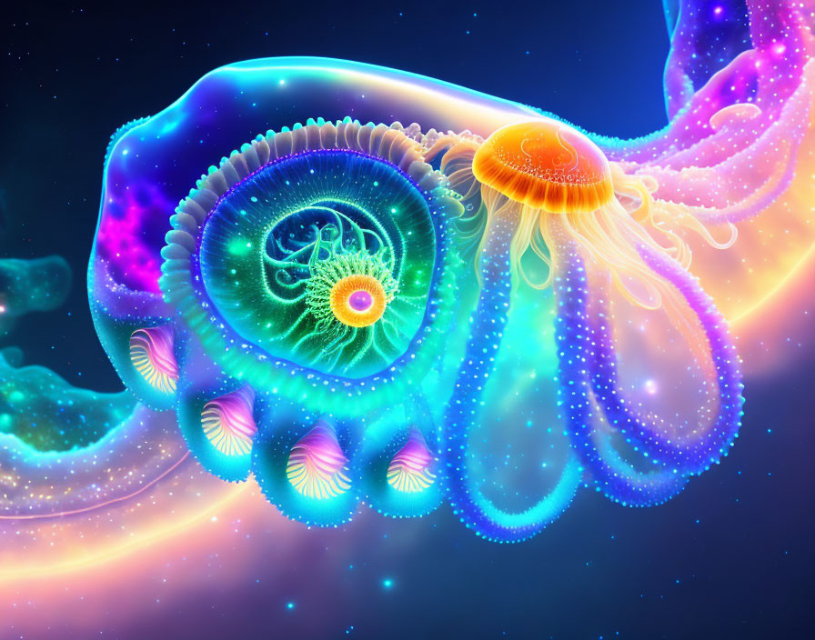 Vibrant Cosmic Jellyfish in Nebula Background