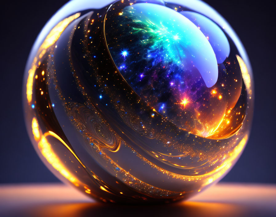 Intricate Cosmic Patterns in Glass Sphere on Dark Blue Background