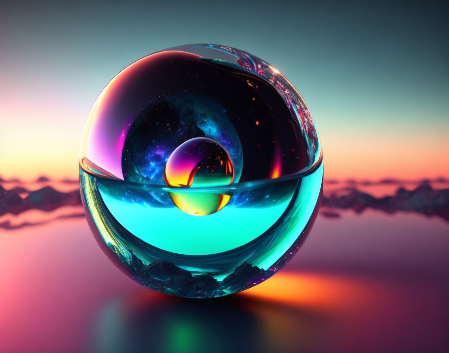 Colorful Swirling Glass Sphere Reflecting Outer Space Scene
